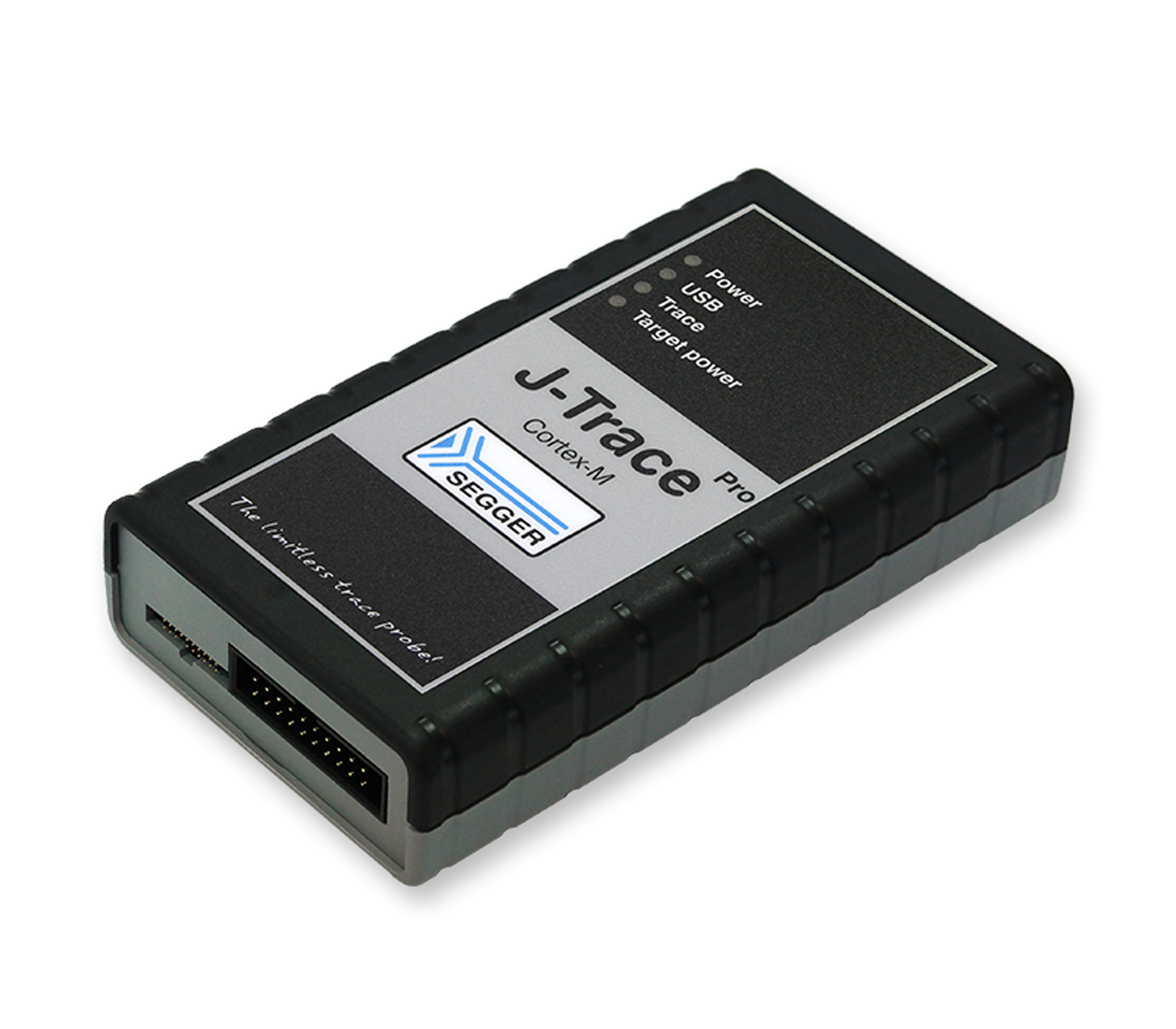 A black and gray device labeled "J-Trace Pro Cortex-M" designed for debugging and programming embedded systems. It features multiple ports for connecting to power and devices. The surface has indicator lights for power, USB, and target power status.