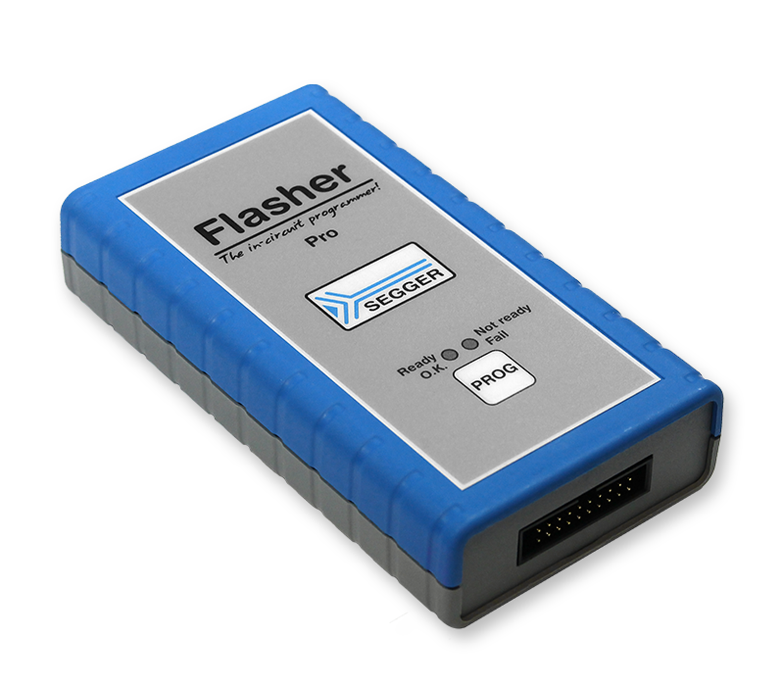 A compact electronic device labeled "Flasher Pro" by SEGGER, designed for in-circuit programming. It features indicator lights showing readiness status and buttons for operation. The device has a rectangular shape with blue and gray casing, and a connection port on one side.