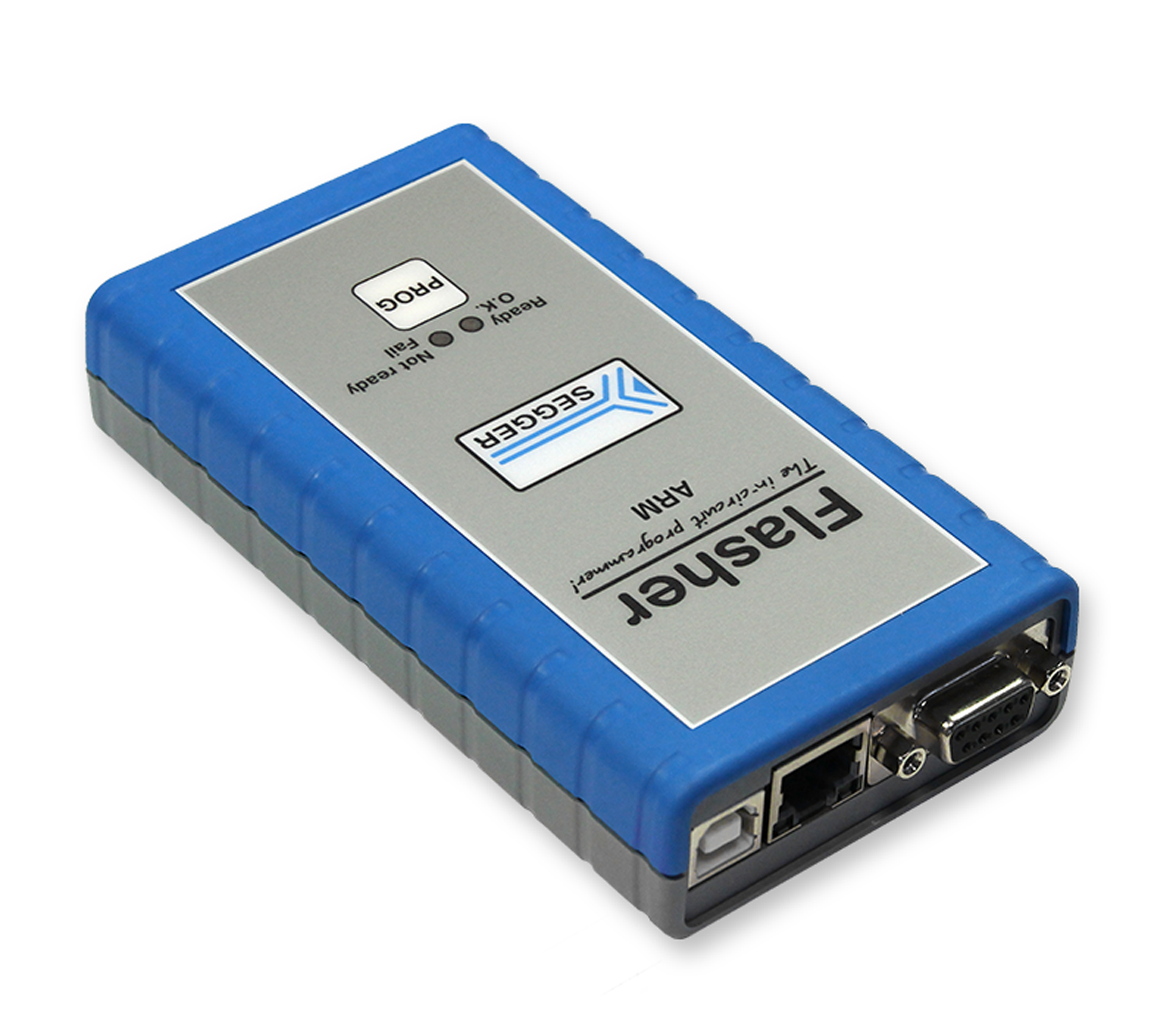 An electronic device with a blue and gray casing labeled "Flasher." It features indicator lights and ports for connection. The device is used for programming and interfacing with other hardware systems.