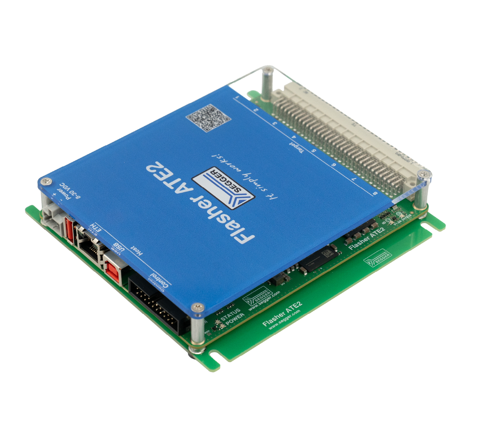 A blue electronic device labeled "Flasher ATE2" with multiple ports and a transparent cover. It features connection points for power and data, indicating it's likely used for programming or testing electronic components. The device is positioned at an angle, showcasing its design and connectivity features.