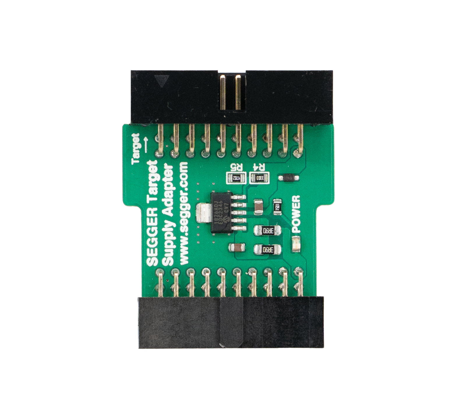 A green circuit board named "SEGGER Target Supply Adapter" featuring various electronic components including resistors and a microchip. It has connectors on both ends, indicating its use for connecting with different devices. The design focuses on functionality for electronic development and testing.