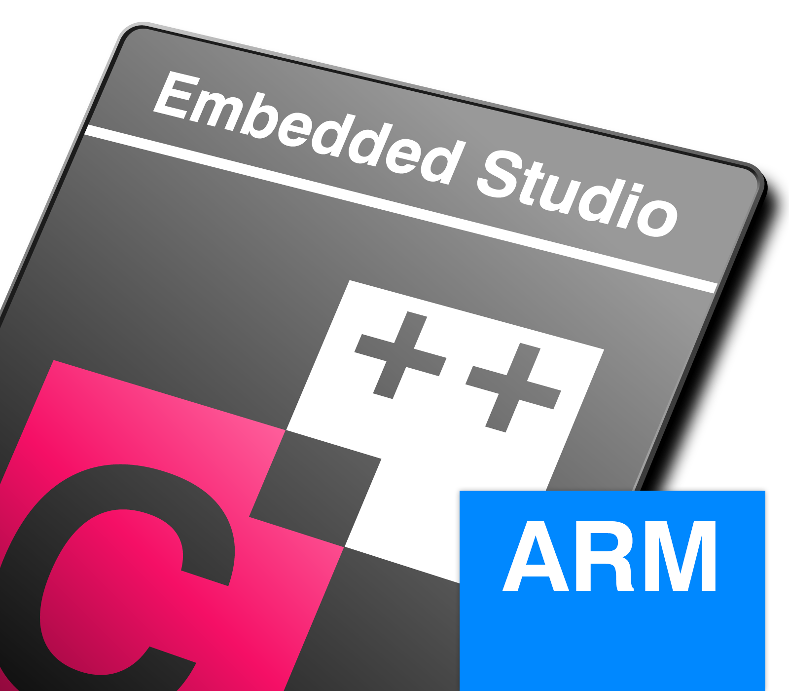 Logo representing "Embedded Studio" software, featuring a stylized "C++" in pink and white, indicating programming capabilities. The design includes a blue section labeled "ARM," suggesting compatibility with ARM architecture. The overall aesthetic is modern and tech-oriented.