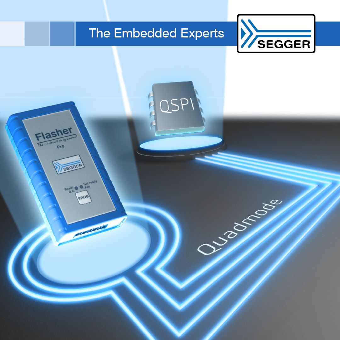An image featuring a blue device labeled "Flasher Pro" and a chip marked "QSPI," both connected by glowing lines on a dark background. The words "Quadmode" are present, indicating functionality related to programming or embedded systems. The SEGGER logo appears in the top corner.