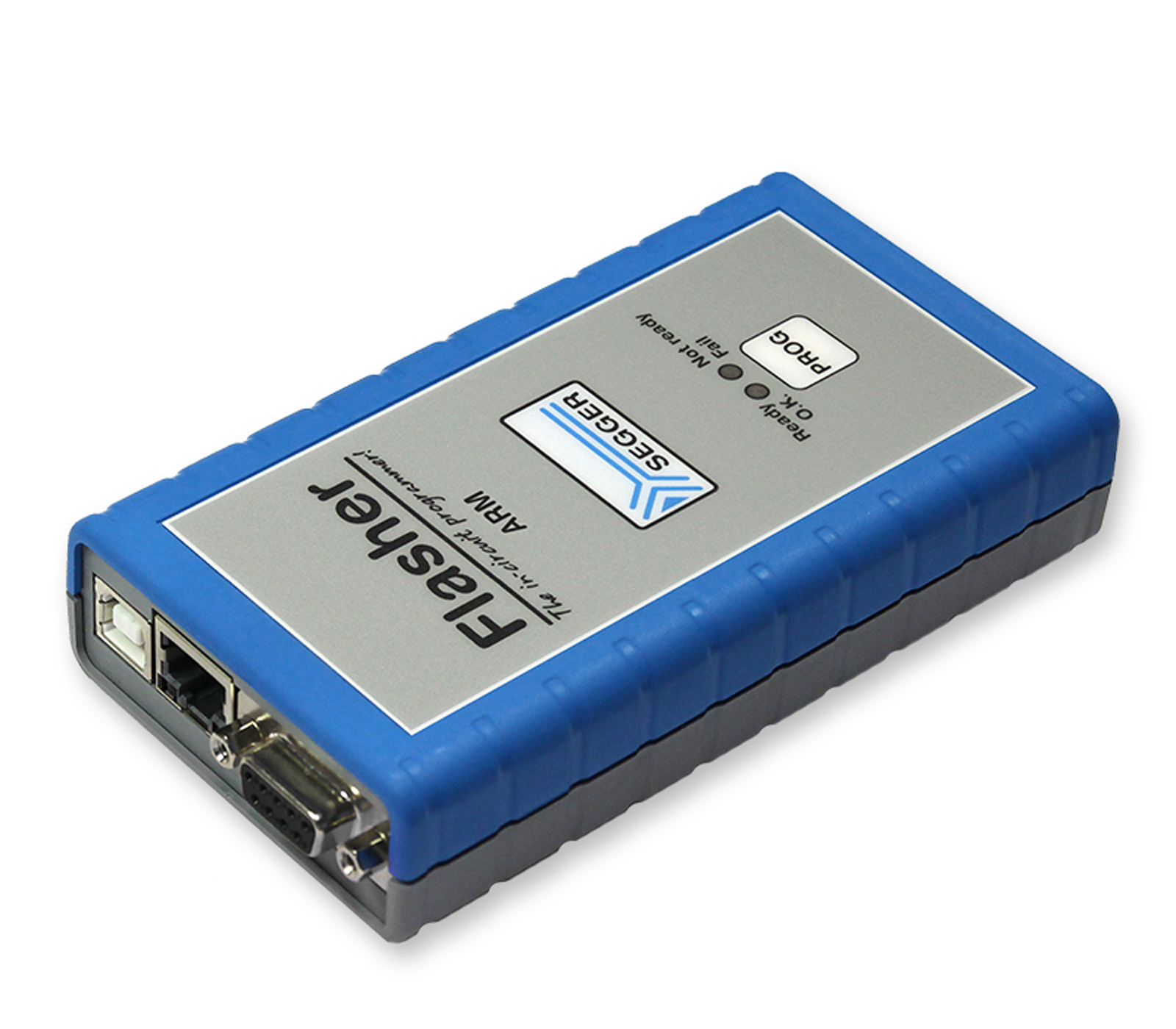 The image shows a blue and gray electronic device labeled "J-Link Plus" with various ports on one side. It is designed for programming and debugging embedded systems. The device has LED indicators to show operational status.